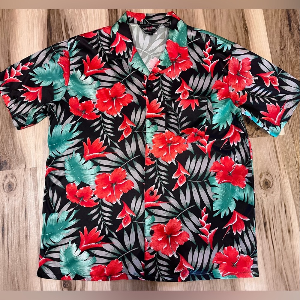 Youngbloods Western Hawaiian Shirt Men Large L Black Button Short Sleeve Vintage